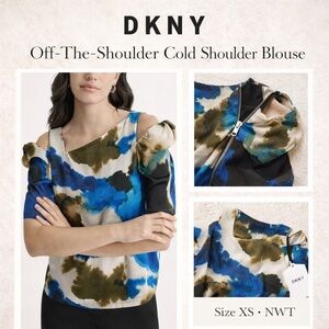 DKNY Ink Swirl Cold Shoulder Zip Top XS Blue Abstract Work Blouse NWT